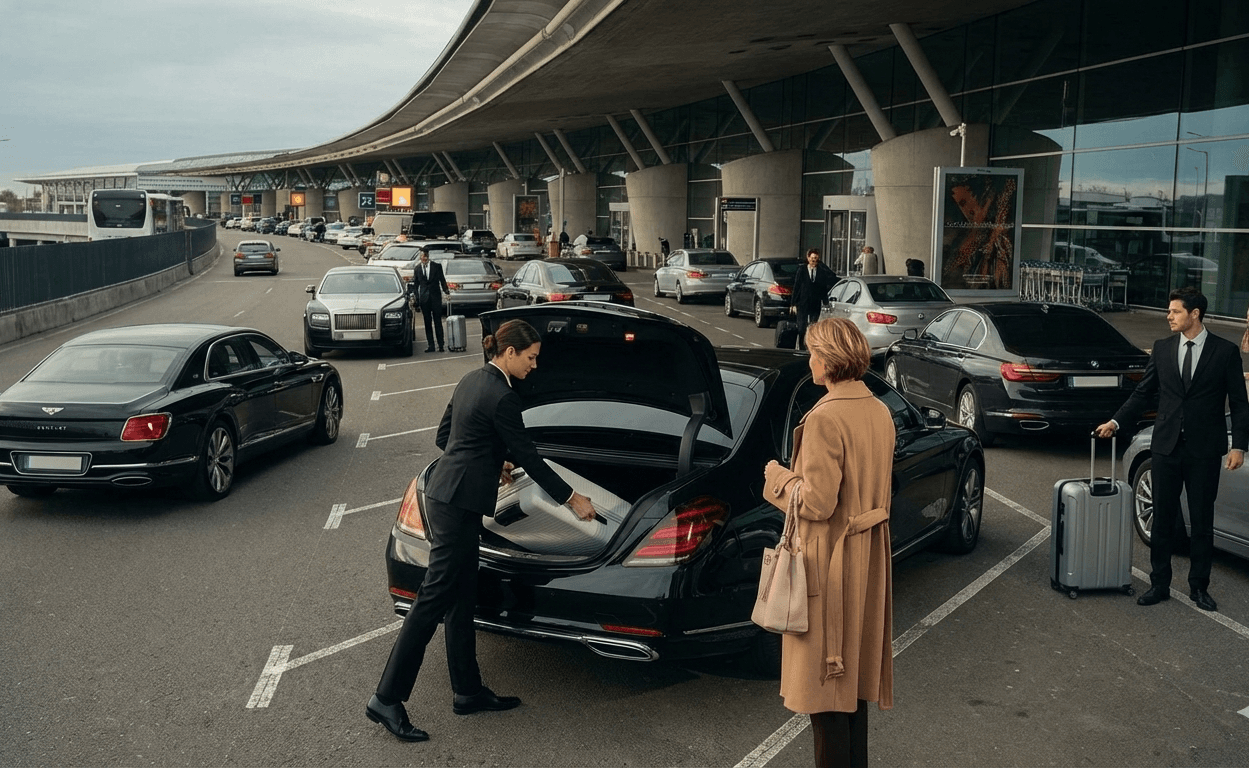 Professional VTC driver assisting a family with children during a meet and greet pick-up at CDG