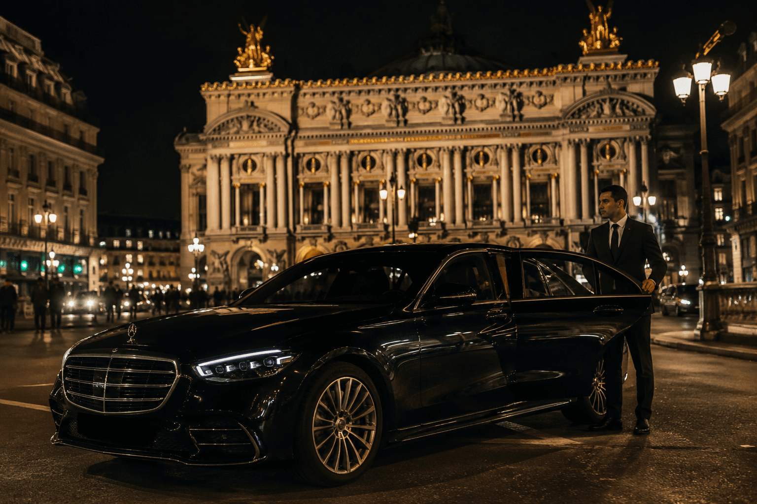 Private chauffeur Paris event luxury car night