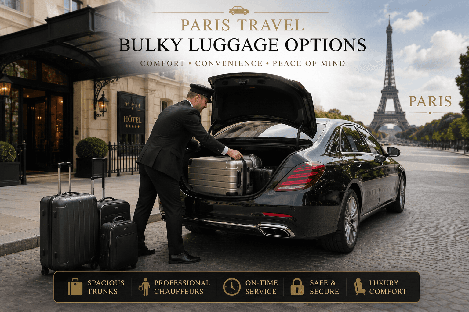 Chauffeur loading luggage luxury car Paris airport