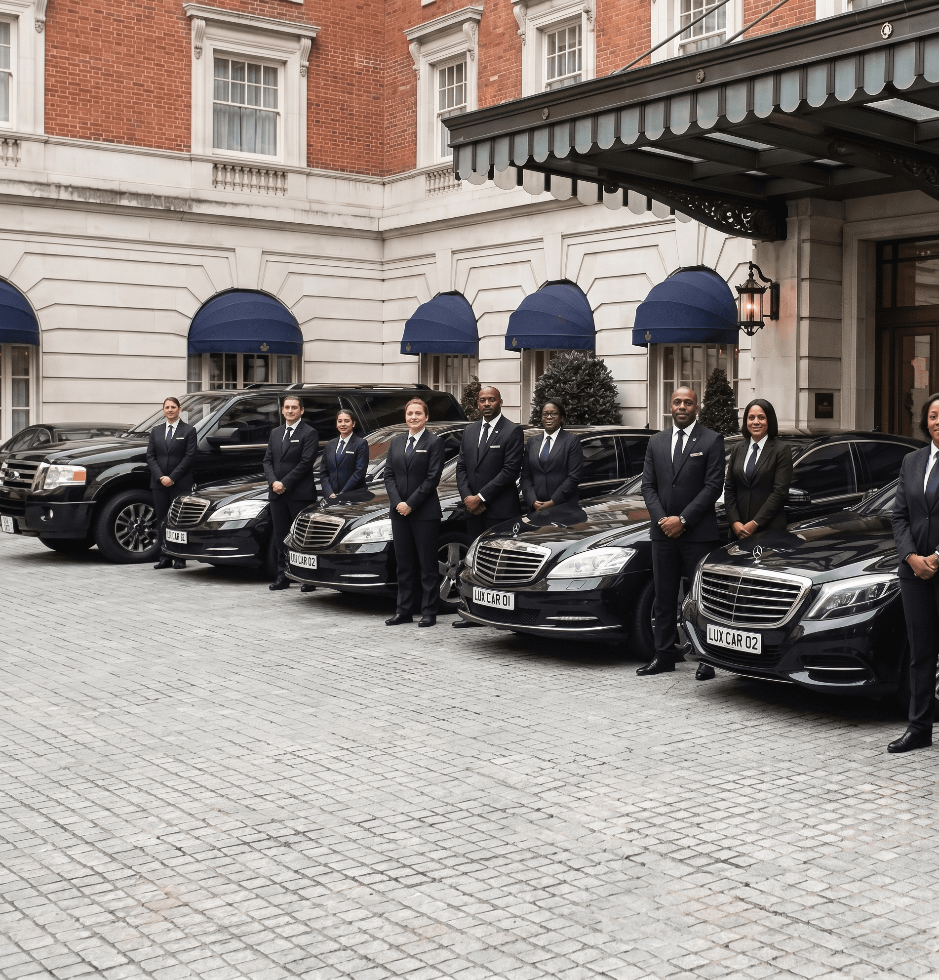 Samantha Travels fleet and chauffeur in front of a luxury Paris hotel — corporate service