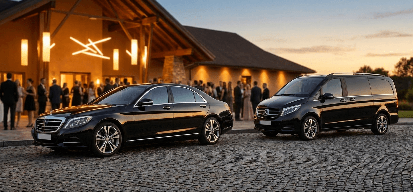 Luxury Mercedes chauffeur waiting in front of a prestigious Paris event venue