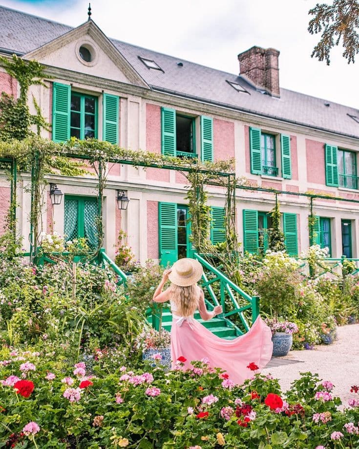 Claude Monet's pink house with green shutters at Giverny