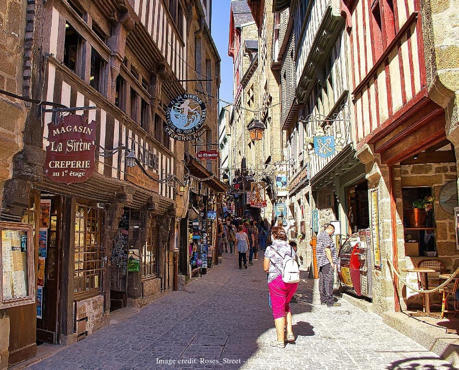 Mont-Saint-Michel medieval village street and stone houses