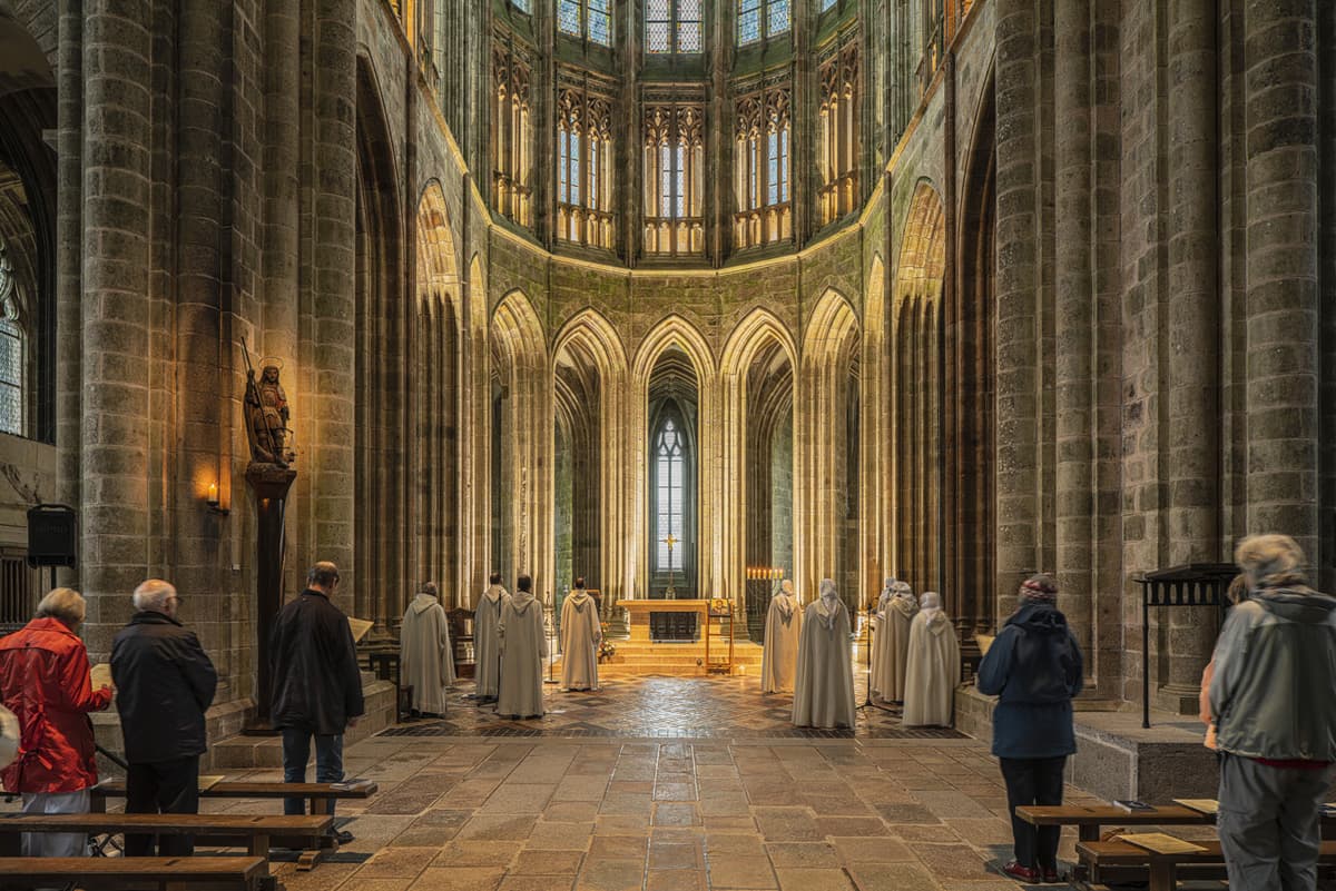Gothic nave inside Mont-Saint-Michel abbey