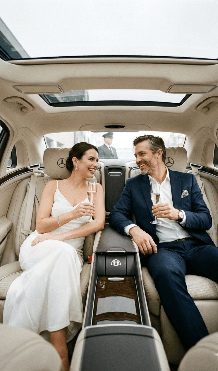Couple in luxury Mercedes chauffeur car — premium vehicle service for travel agency clients