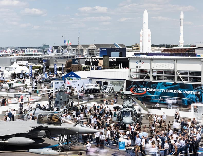 Panoramic view of exhibitors and aircraft at Salon du Bourget